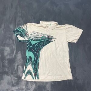 Vintage Polo Shirt Medium White 90s Excellent Abstract Graphic Kawasaki